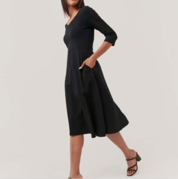 Pact Women's Organic Cotton Fit & Flare Midi Party Dress Pockets Size XL Black - Picture 3 of 12